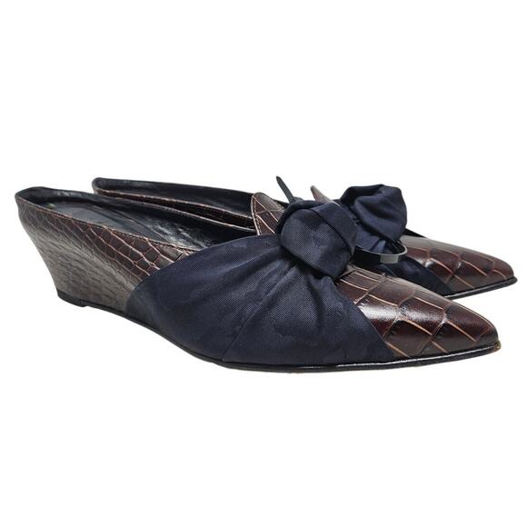 Trademark 38.5 Adrien Tie Mules Brown Croc Embossed Navy Slide Wedge Minimalist - Picture 1 of 5